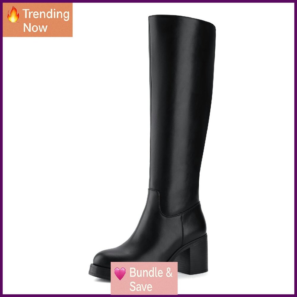 Platform Knee High Boots Women Chunky Heel Side Zipper Tall Boots
